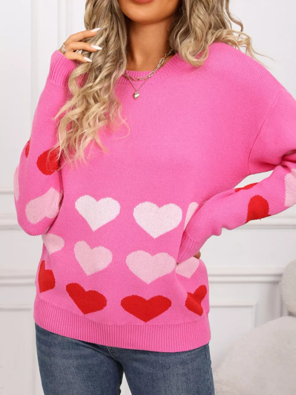 Rose red acrylic crew neck sweater with allover heart print
