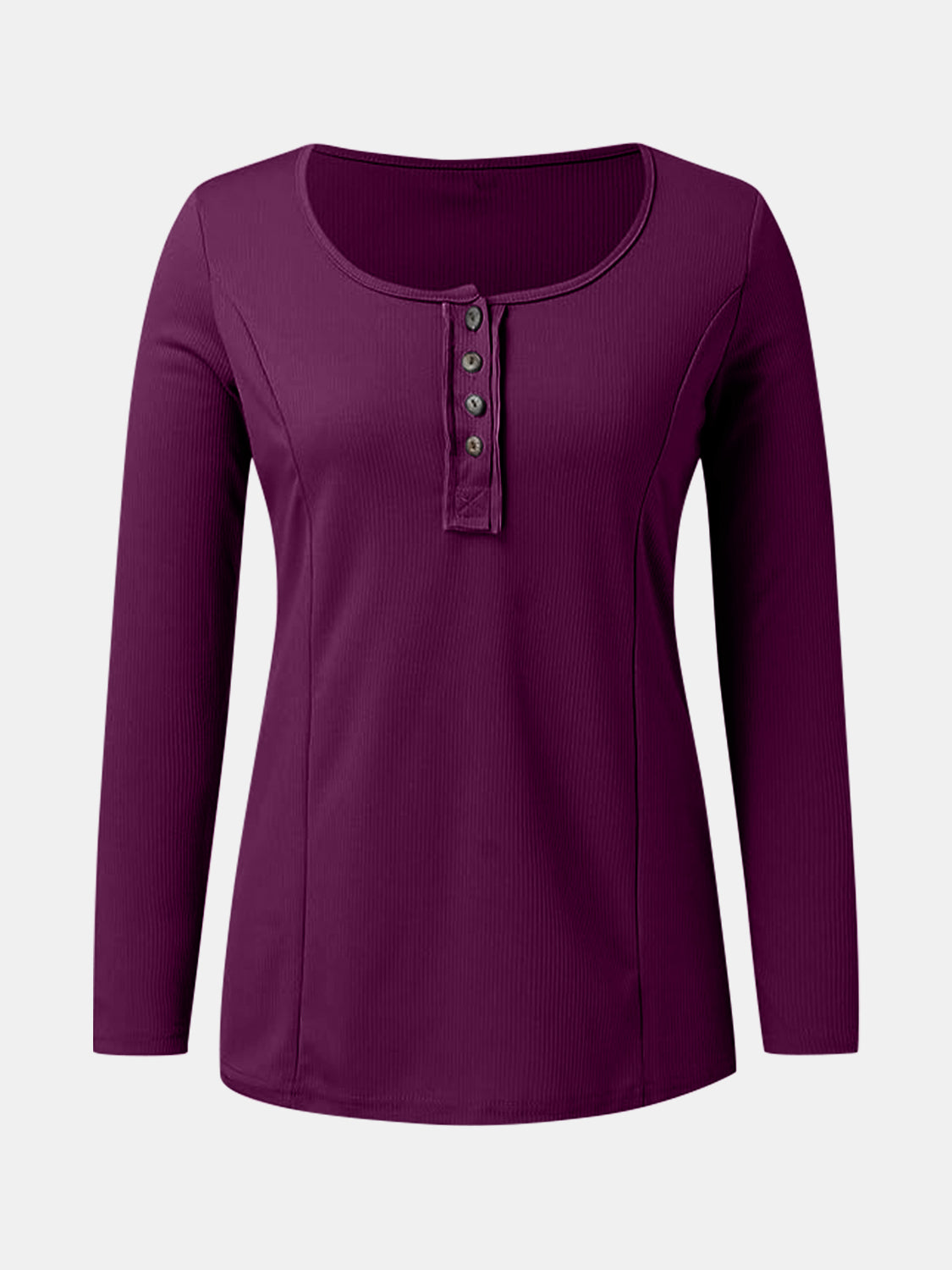 Plum ribbed henley scoop neck top with button detail