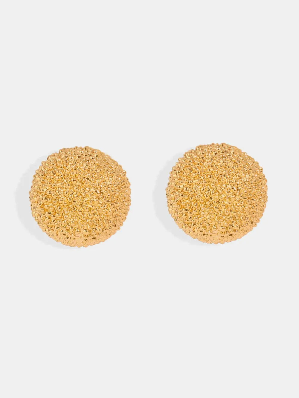 Textured gold round earrings with a detailed surface.