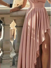 Dusty pink asymmetrical hem maxi dress with cinched waist and thigh-high slit.