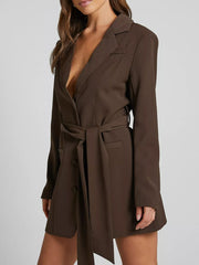 Chic tie-waist lined blazer dress in coffee brown with button details and a deep V-neckline.