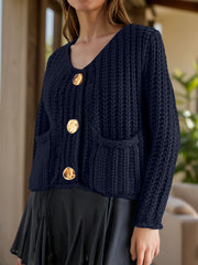 Chunky knit cardigan in indigo with statement buttons and patch pockets.