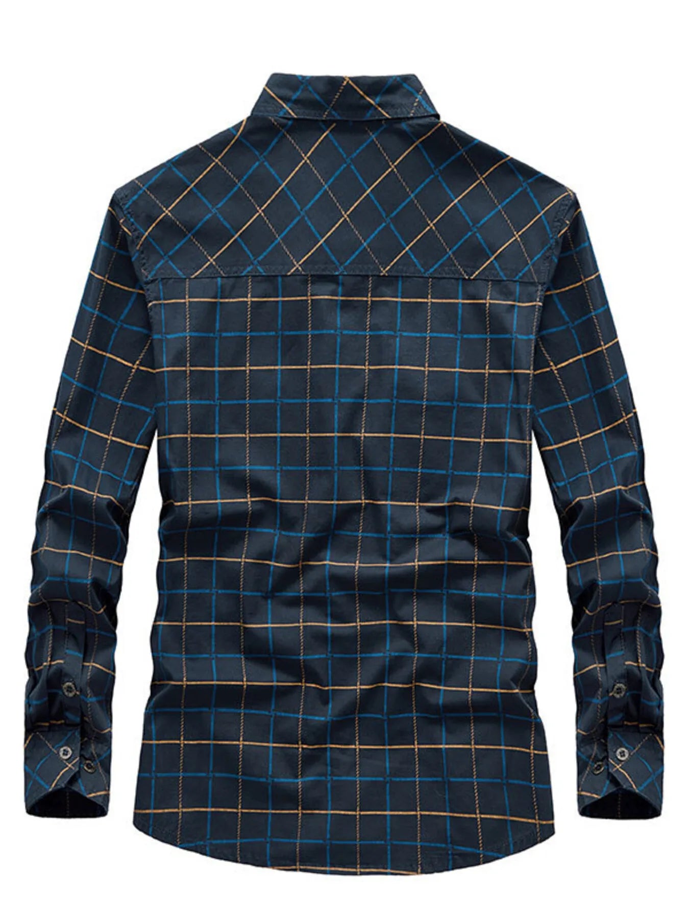 Plus-size casual long-sleeve shirt in Black Blue plaid cotton blend with buttoned cuffs.
