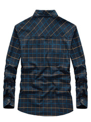 Plus-size casual long-sleeve shirt in Black Blue plaid cotton blend with buttoned cuffs.