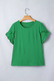 Green polyester blouse with short ruffled sleeves and a crew neck.