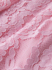 Pink lace midi dress with intricate floral pattern and sheer fabric detail.