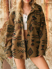 Brown sherpa overshirt jacket with bold Aztec pattern and button front.