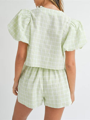 Light Green plaid puff sleeve tie-front set with shorts
