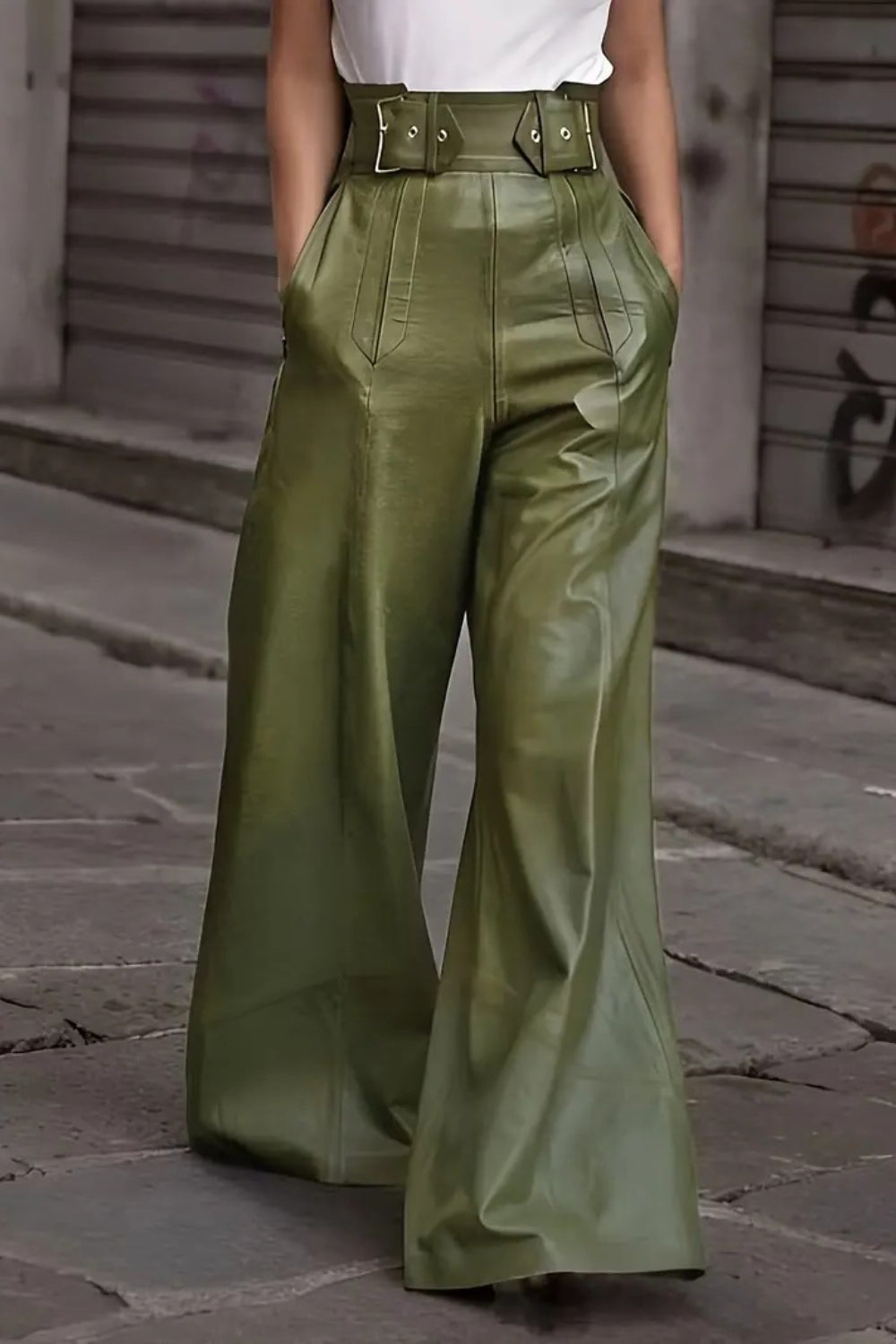 Moss wide-leg leather pants with buckle belt and pleats