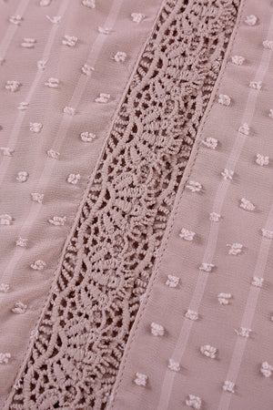 Dotted Swiss lace trim blouse in dusty pink with textured dots and vertical stripes.