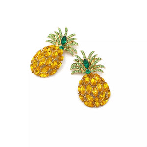 Pineapple-inspired dangle earrings with yellow and green rhinestones.