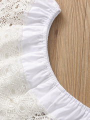 White off-shoulder cotton top with lace detail and ruffled elastic neckline