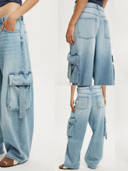 Relaxed fit light blue wash cotton blend cargo maternity jeans with ankle length and vintage charm.