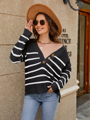 Black and white striped knit sweater with button front and relaxed fit