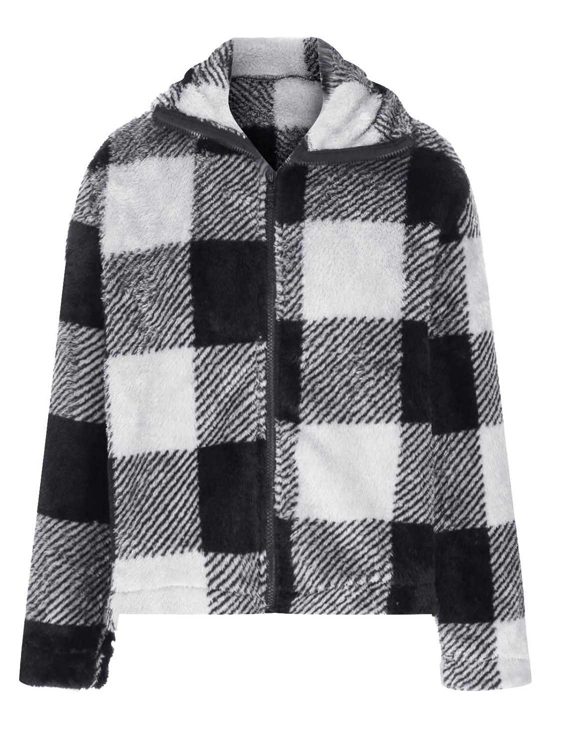 Fluffy black and white plaid zip-up shacket with hood