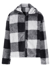 Fluffy black and white plaid zip-up shacket with hood