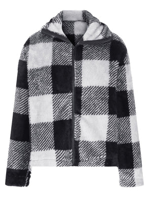 Fluffy black and white plaid zip-up shacket with hood