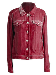 Burgundy velvet western jacket with silver buttons and chest pockets.