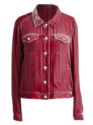 Burgundy velvet western jacket with silver buttons and chest pockets.