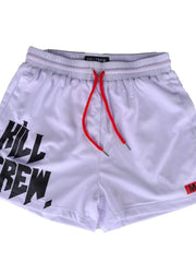 White mesh shorts with black graphic text and red drawstring.