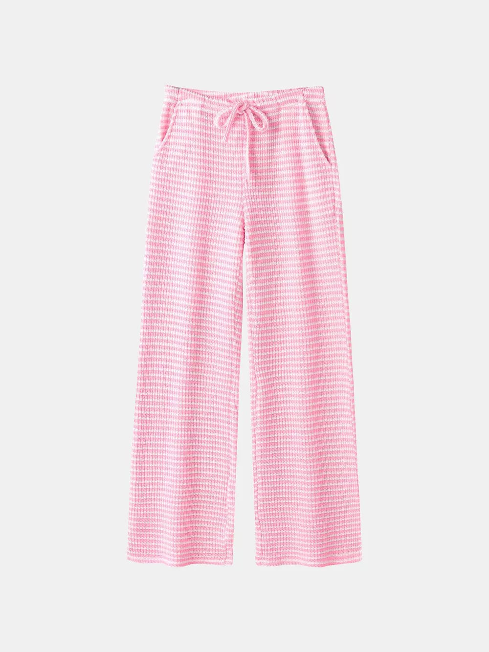 Pink striped maternity wide leg trousers with drawstring waist and pockets