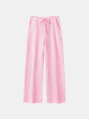 Pink striped maternity wide leg trousers with drawstring waist and pockets