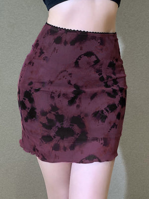 Mesh bodycon mini skirt in burgundy tie-dye with scalloped hem
