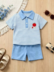 Baby boys blue striped polo shirt and shorts set with apple and ABC embroidery