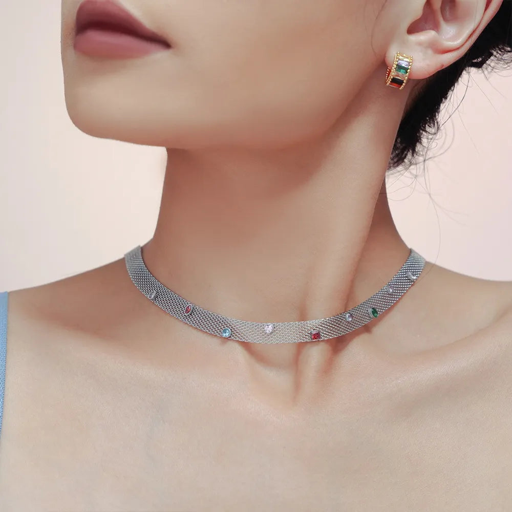 Silver mesh collar necklace with colorful gemstone embellishments