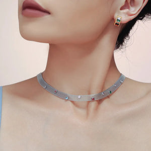 Silver mesh collar necklace with colorful gemstone embellishments