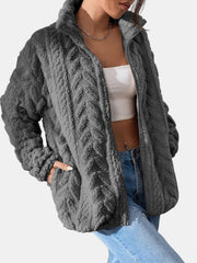 Textured chevron fleece zip jacket in dark gray with a stand-up collar and pockets.