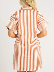 Striped V-neck mini dress with short sleeves and ruffled collar detail.
