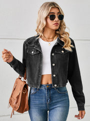 Black cropped denim trucker jacket with button front and chest pockets