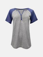 Gray raglan sleeve henley tee with button detail and rolled cuffs