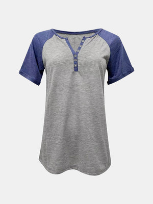 Gray raglan sleeve henley tee with button detail and rolled cuffs