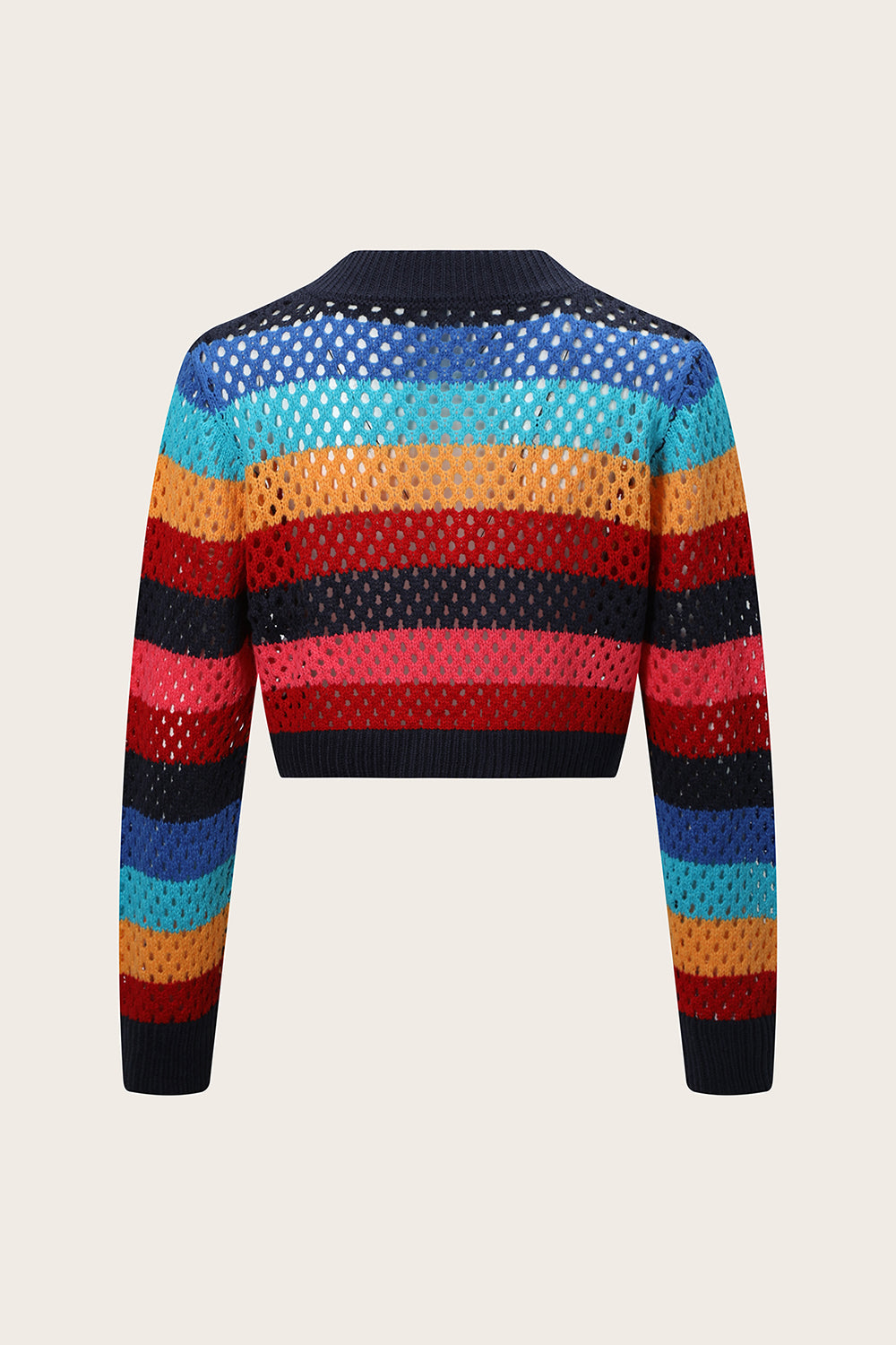 Rainbow crochet bolero jacket with open knit stripes and long sleeves.