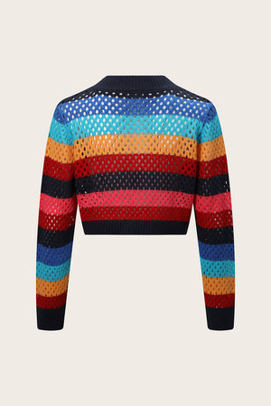 Rainbow crochet bolero jacket with open knit stripes and long sleeves.