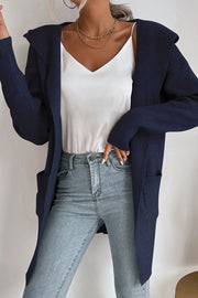 Navy ribbed knit hooded cardigan with open front and pockets