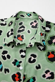 Sage leopard print resort shirt with collar and button detail