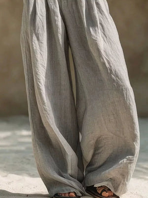 Full Size Elastic Waistband Wide Leg Pants in Beige, fabric detail