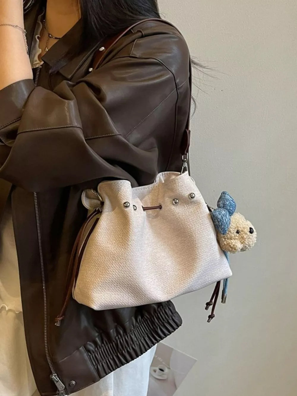 Bucket Crossbody Bag in Blue, fabric detail