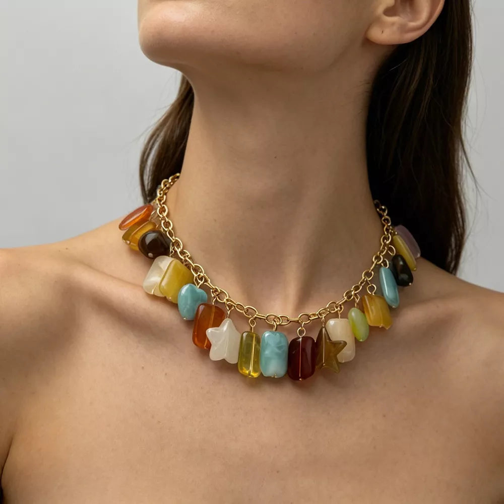 Bohemian Multi-color Gemstone 18k Gold-plated Necklace in Gold, model styling view