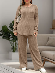 Ribbed knit lounge set in camel with long sleeves, crew neck, chest pocket, and wide-leg pants.