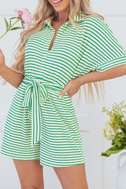 Green striped resort shirt romper with tie waist and buttoned front.