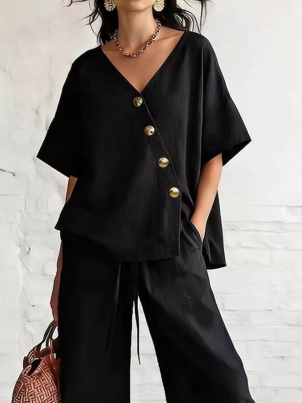 Full Size Surplice Half Sleeve Top And Wide-leg Pants Set, fabric detail