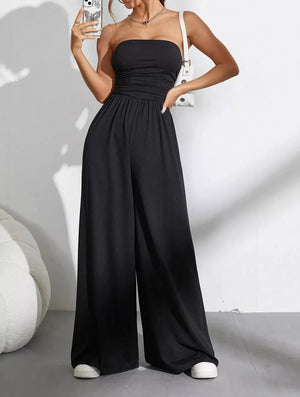 Black strapless tube top wide-leg romper with shirred waist detail