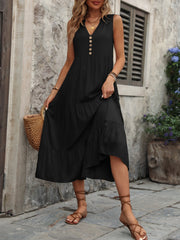 Black tiered midi sundress with V-neck and button detail, sleeveless, casual boho style.