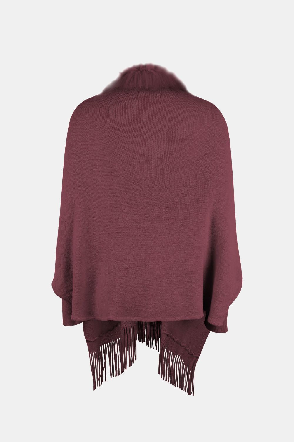 Wine faux fur trimmed fringe cape with a cozy knit texture.