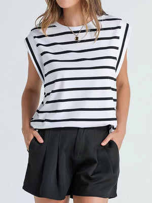 Padded shoulder tank top with black and white Breton stripes and cap sleeves.