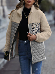 Teddy & quilted panel zip jacket in tan with gray, leopard print, and diamond quilting details.